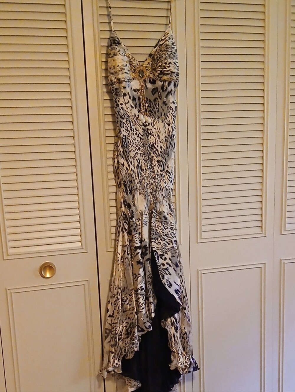 Frank Lyman Design Leopard-Print High-Low Maxi Dress in Beige and Black